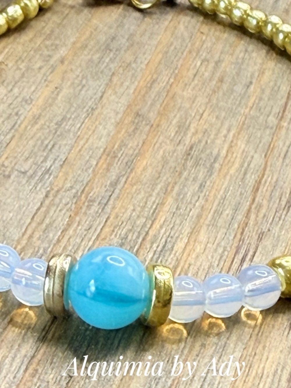 Moonstone and blue Center Bead Bracelet with Gold Accents